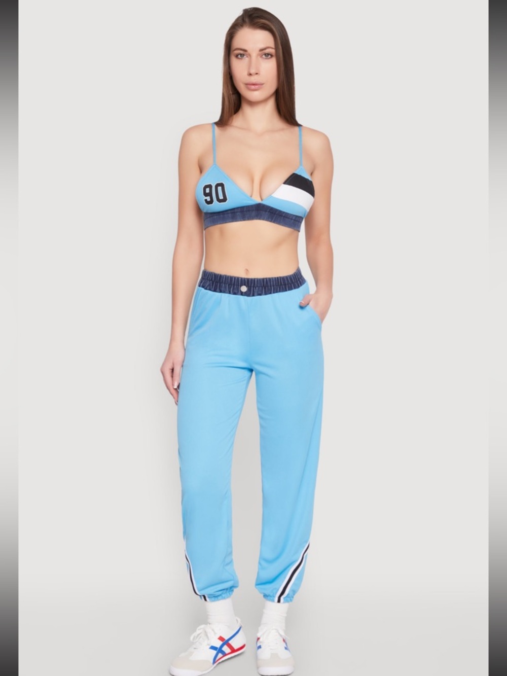 Rainbow Jersey Mesh 90 Graphic Contrast Trim Bralette and High Waisted Joggers